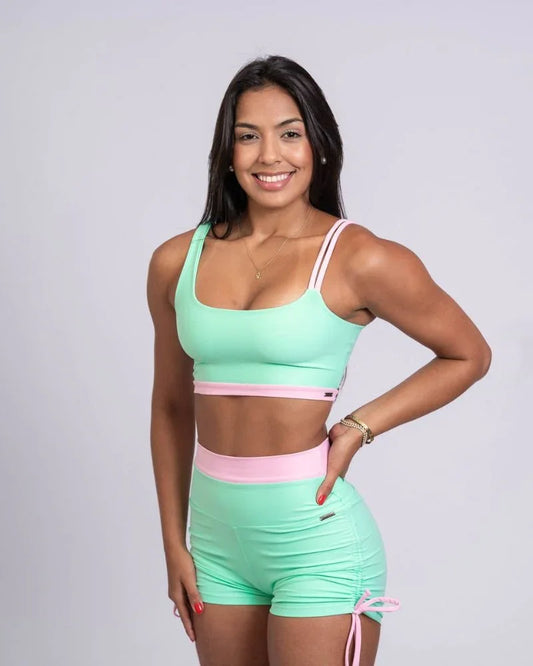 Short fitness Smile Duo Verde Menta com Rosa Quartzo empina bumbum - Maré Maria moda fitness