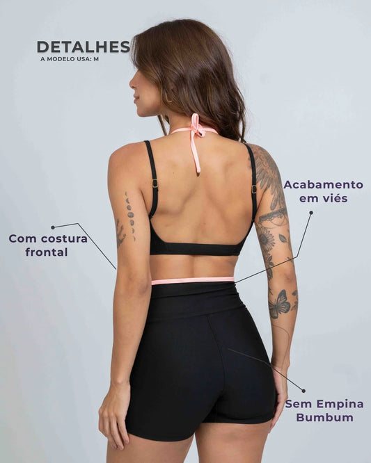 Short Fitness Line Super Black com Coral - Maré Maria moda fitness