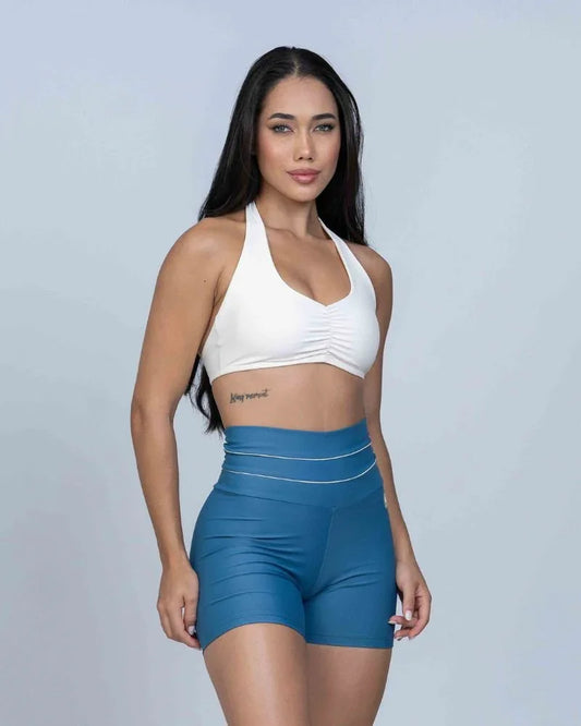 Short Corrida Azul Sereia compressão e Vivo Off White - Maré Maria moda fitness