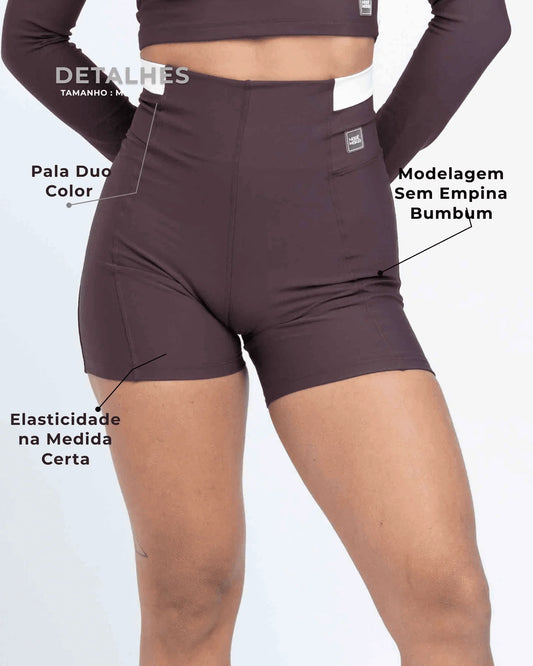 Short Classic Duo Marrom Ébano com Off White compressão sem empina bumbum - Maré Maria moda fitness