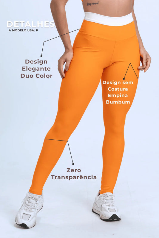 Calça legging fitness Duo Tangerina com Off White S/ Empina bumbum - Maré Maria moda fitness