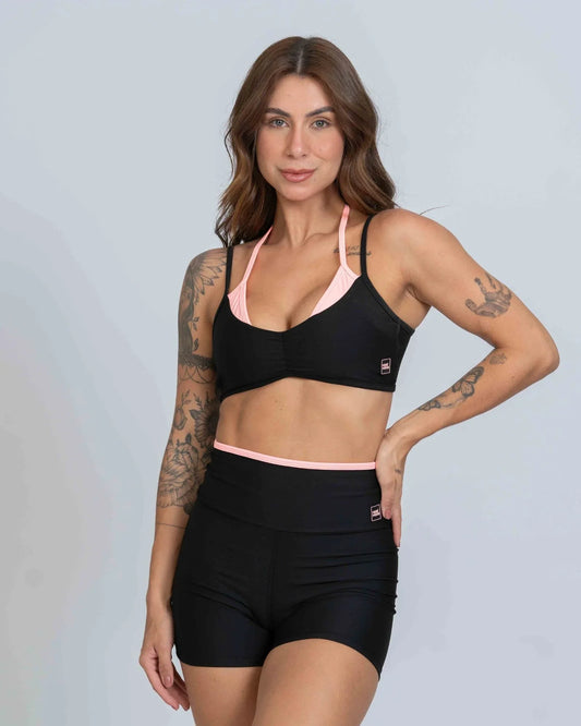 Short Fitness Line Super Black com Coral - Maré Maria moda fitness