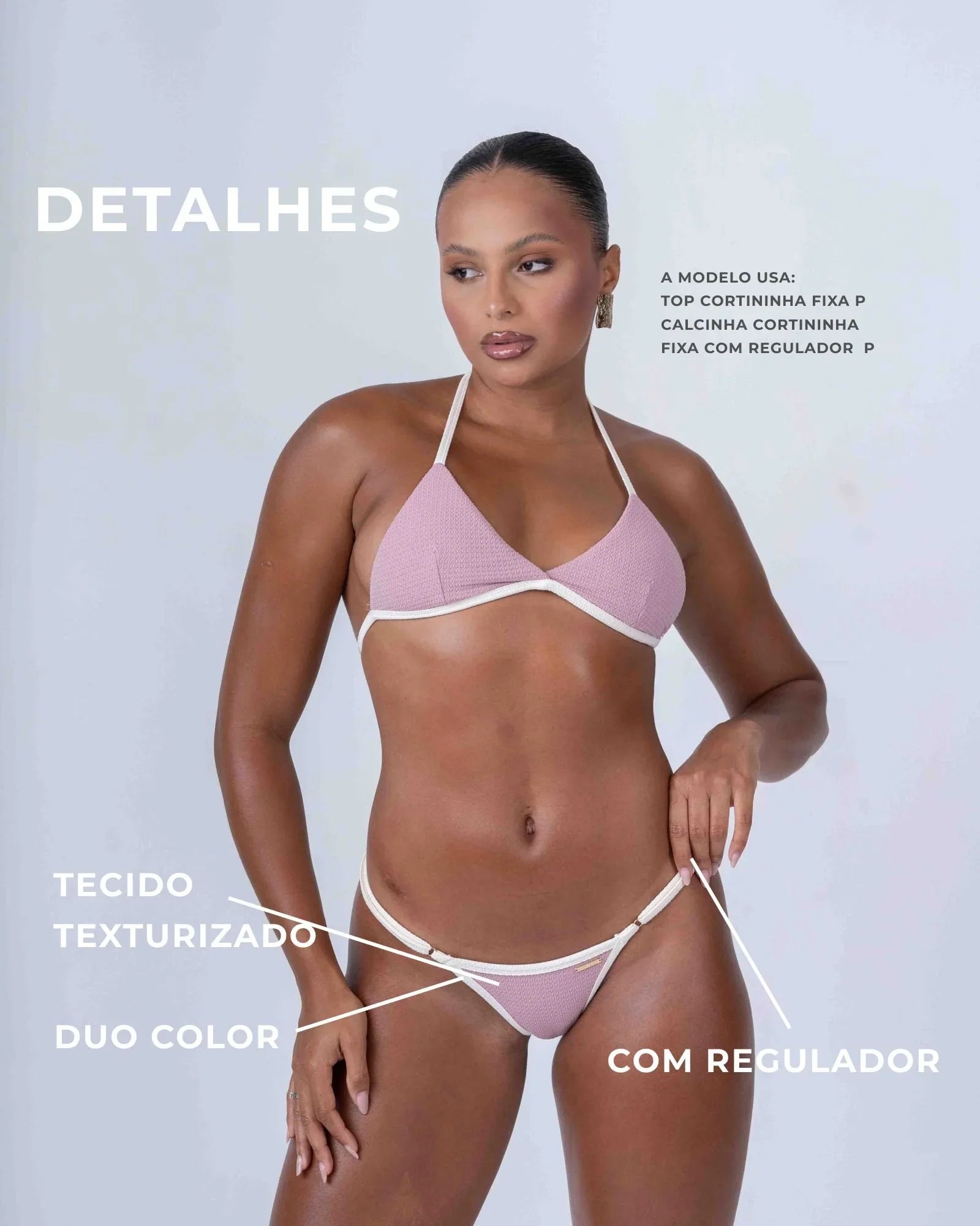 Calcinha Cortininha Fixa com regulador Rosa Glam com viés Off White - Maré Maria moda fitness