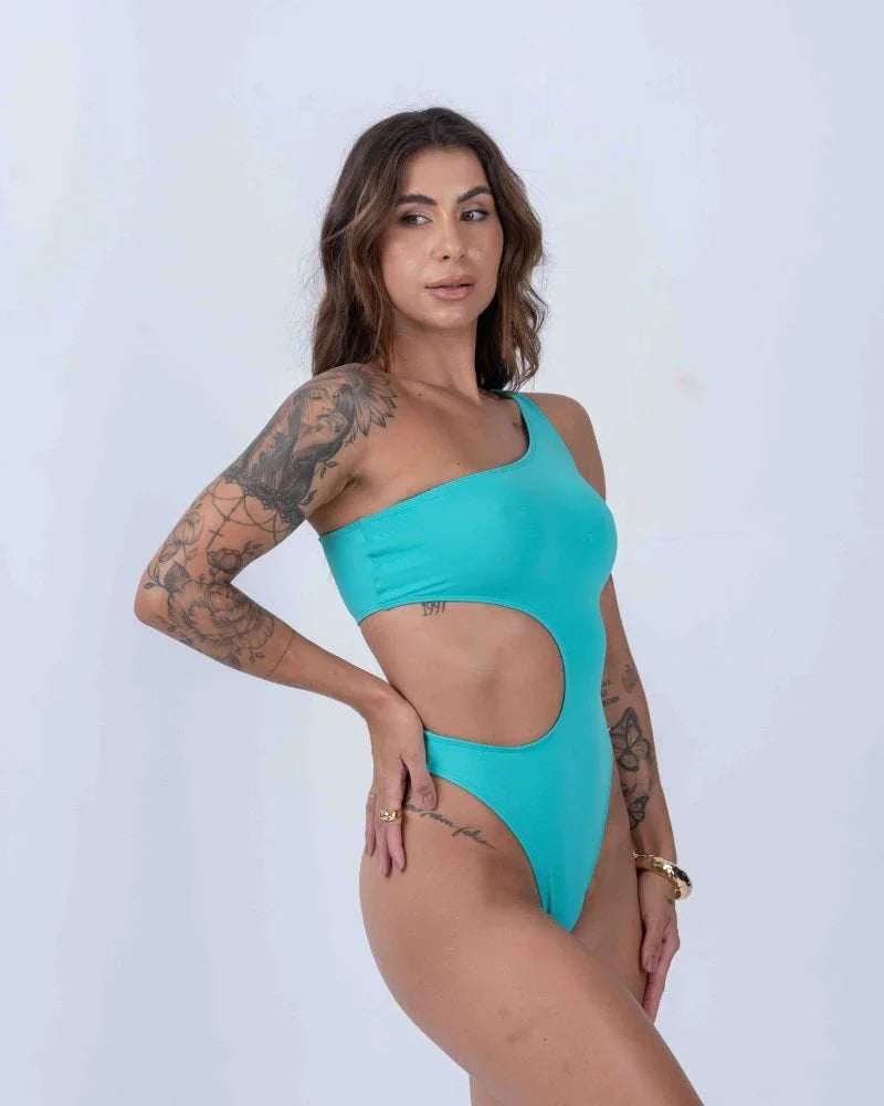 Maiô Assimétrico Verde Piscina - Maré Maria moda fitness