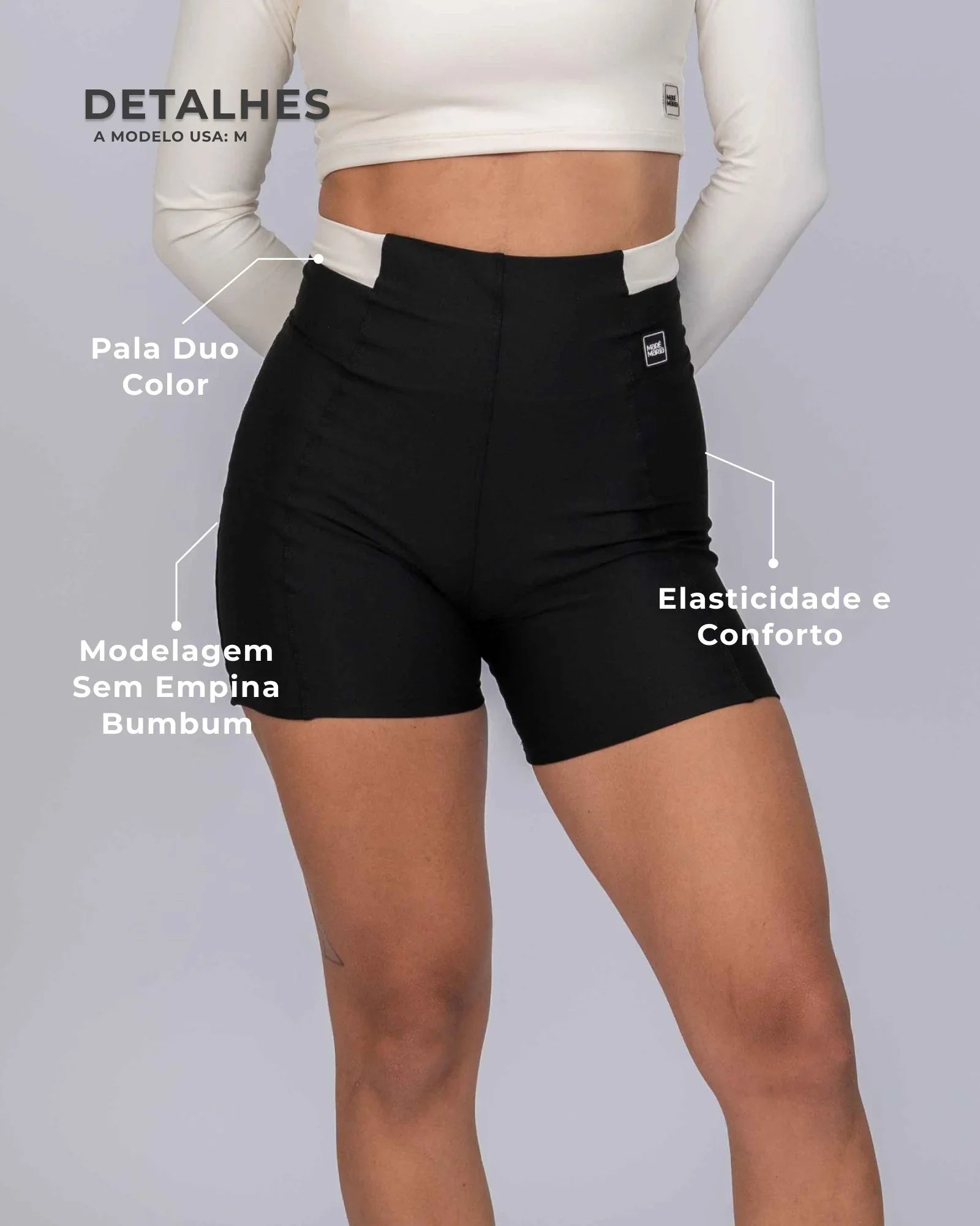 Short Fitness Classic Duo Super Black com Off White com compressão sem empina bumbum - Maré Maria moda fitness