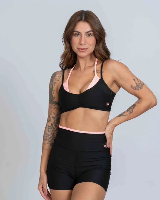Top Fitness Fresh duo Sobreposição Super Black com Coral - Maré Maria moda fitness