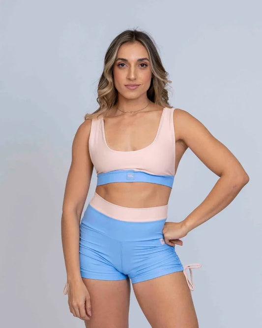 Short Fitness Smile Duo Azul Serenity com pala Rosa Lily empina bumbum - Maré Maria moda fitness