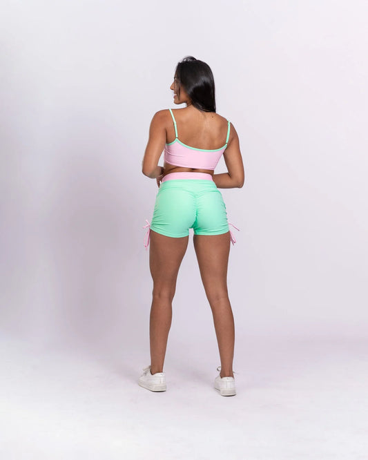 Top fitness Ternura Rosa Quartzo com alça Verde menta - Maré Maria moda fitness