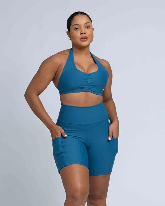 Short Fitness Bike Azul Sereia compressão S/empina bumbum - Maré Maria moda fitness
