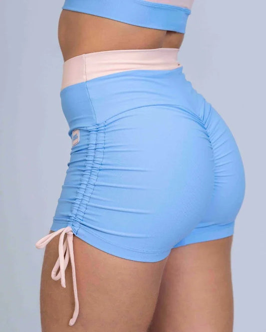 Short Fitness Smile Duo Azul Serenity com pala Rosa Lily empina bumbum - Maré Maria moda fitness