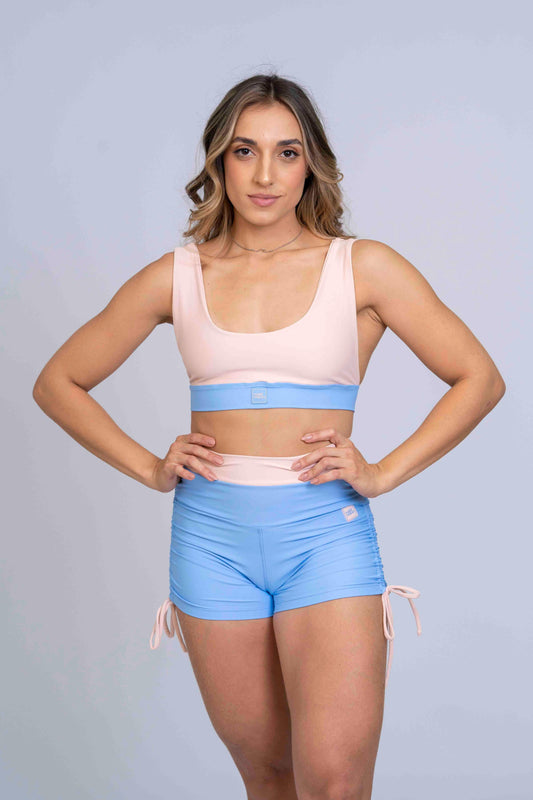 Top Fitness Street Rosa Lily com pala Azul Serenity - Maré Maria moda fitness
