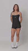 Macaquinho Fitness new Pérola Super Black e viés Off White empina bumbum