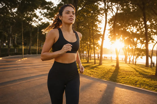 Mulher correndo em um parque ao pôr do sol, usando uma legging preta de cintura alta e um top esportivo.