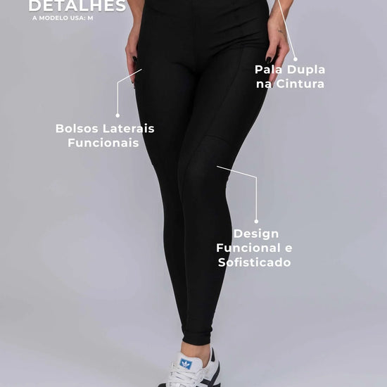 Calça Classic Duo Super Black com Off White Compressão com bolso - Maré Maria moda fitness