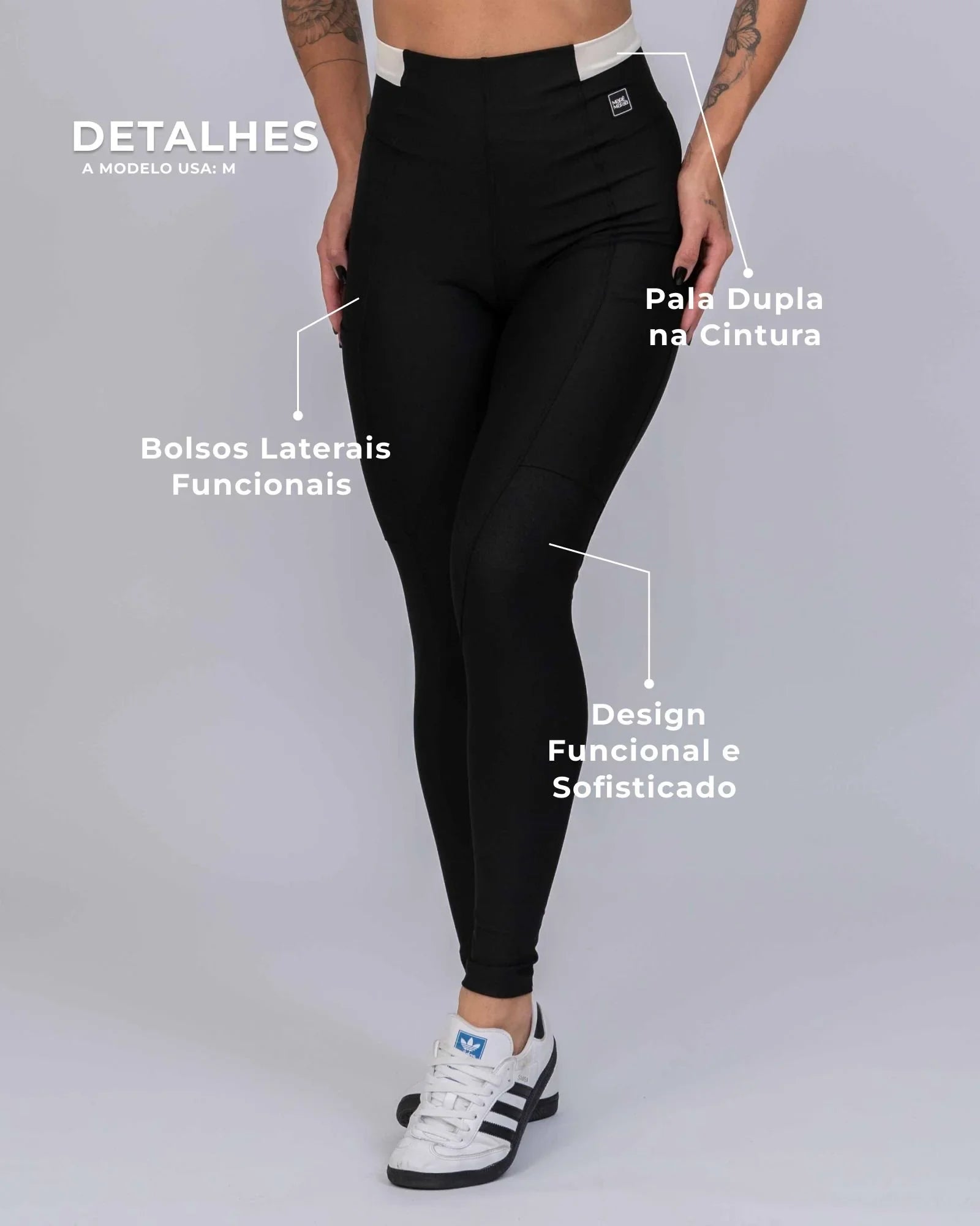 Calça Classic Duo Super Black com Off White Compressão com bolso - Maré Maria moda fitness