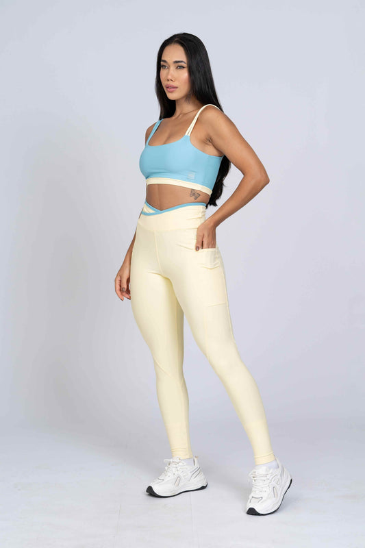Legging Fusion Amarelo Brisa e viés Azul Céu compressão