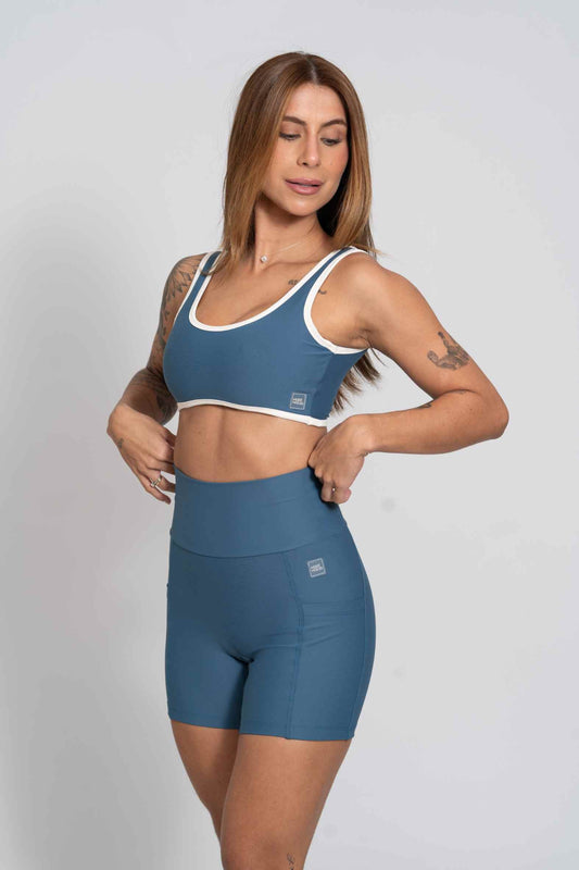 Top Fitness Compressão Basic Azul Maré  Com Off White