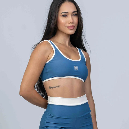 Top Basic Azul Sereia com Viés Off White compressão - Maré Maria moda fitness