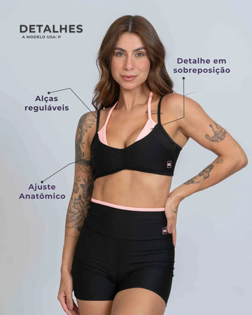 Top Fitness Fresh duo Sobreposição Super Black com Coral - Maré Maria moda fitness