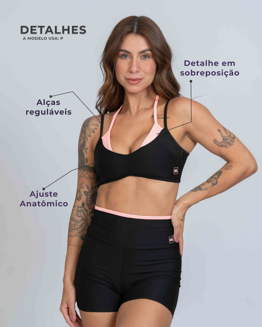 Top Fitness Fresh duo Sobreposição Super Black com Coral