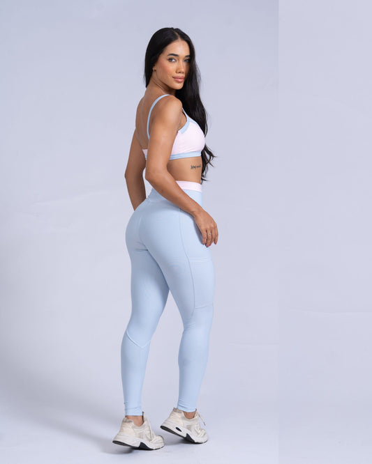 Calça Classic Duo Azul Ice com Rosa Blush compressão com bolso