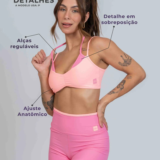 Top Fitness Fresh duo Sobreposição Coral com Rosa Malibu - Maré Maria moda fitness