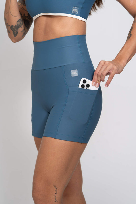 Short Fitness Compressão Bike Azul Maré - Sem Costura Frontal