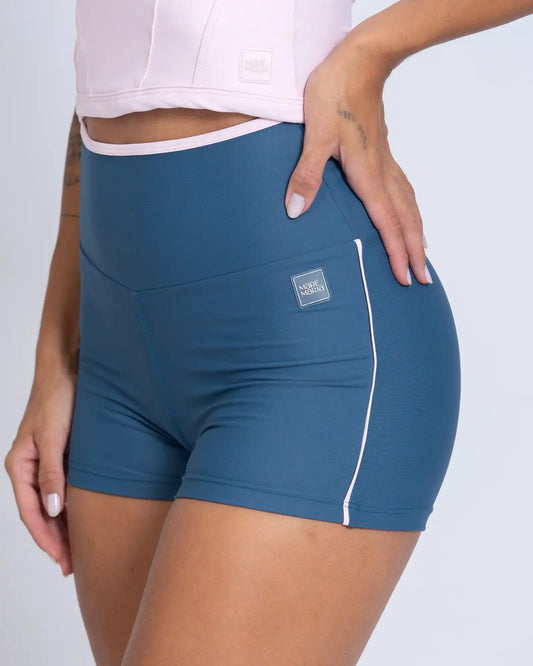 Short Fitness New Line Azul Maré Com Rosa Blush