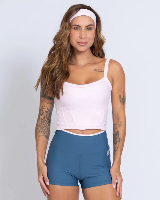 Short Fitness New Line Azul Maré Com Rosa Blush