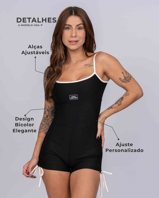 Macaquinho Fitness Pérola Super Black e viés Off White empina bumbum