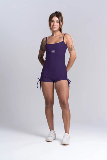 Macaquinho Fitness New Pérola Violeta Maré Maria – costas abertas, empina bumbum e ajuste lateral