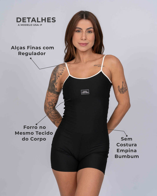 Macaquinho Fitness Mood Super Black com Off White Compressão sem empina