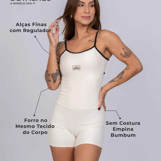 Macaquinho Fitness Mood Off White com Super Black compressão - Maré Maria moda fitness