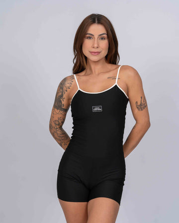 Macaquinho Fitness Mood Super Black com Off White Compressão sem empina