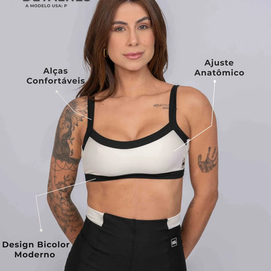Top Fitness Flow Duo Off White com Super Black - Maré Maria moda fitness