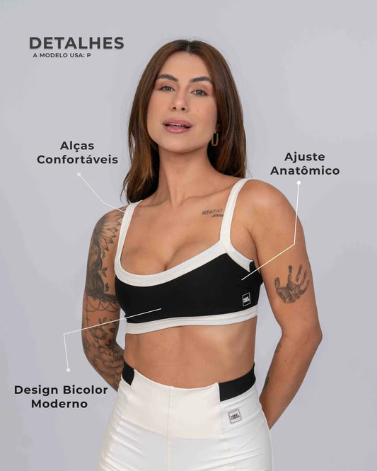 Top Fitness Flow Duo Super Black com Off White - Maré Maria moda fitness