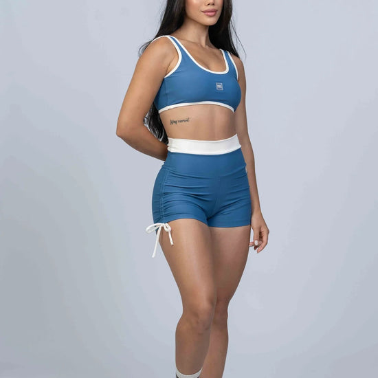 Top Basic Azul Sereia com Viés Off White compressão - Maré Maria moda fitness