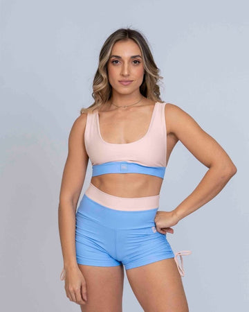 Short Fitness Smile Duo Azul Serenity com pala Rosa Lily empina bumbum