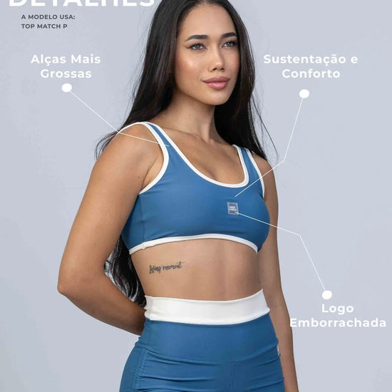 Top Basic Azul Sereia com Viés Off White compressão - Maré Maria moda fitness