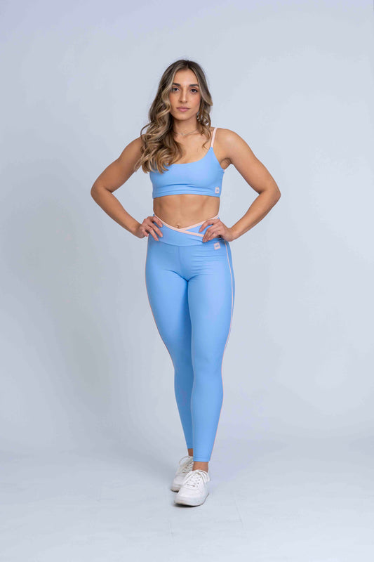 Calça Legging Fitness Julia Azul Serenity com viés Rosa Lily