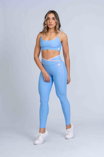 Calça Legging Fitness Julia Azul Serenity com viés Rosa Lily - Maré Maria moda fitness