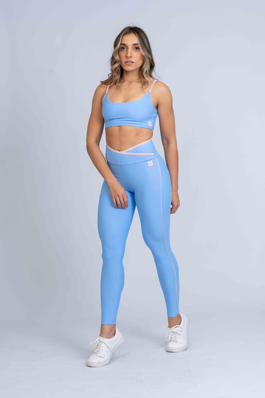 Calça Legging Fitness Julia Azul Serenity com viés Rosa Lily - Maré Maria moda fitness