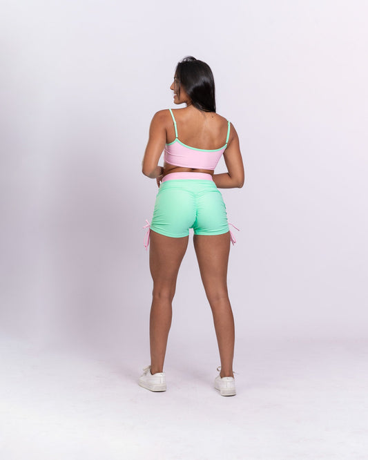Top fitness Ternura Rosa Quartzo com alça Verde menta