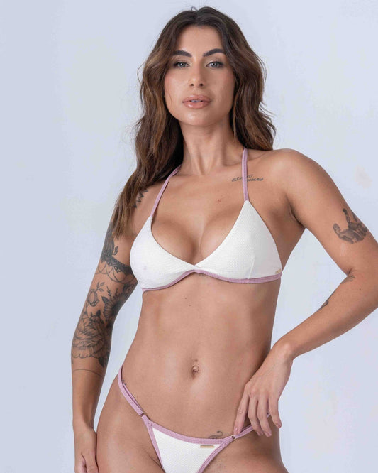 Top Cortininha Fixo Off White com Viés Rosa Glam