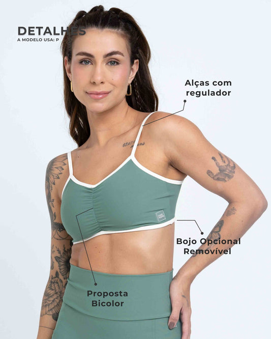 Top Fitness Fresh Duo Verde Eucalipto com Off White (Leve defeito)