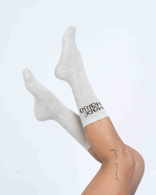 Par de Meia New Branding Bege Mescla com logo Marrom cano alto