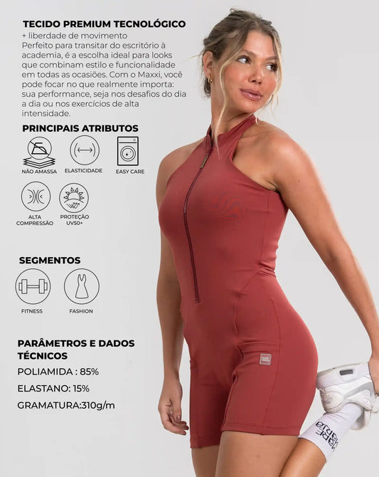 Macaquinho Fitness Zip Fuel Vermelho Carmin compressão