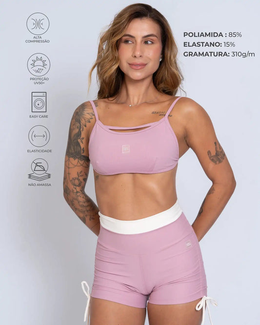 Short Fitness Smile Duo Rosa Glam com Off White compressão