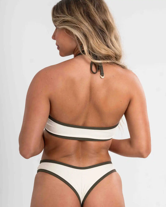 Top amarração Breeze com Lurex Off White viés Verde Musgo