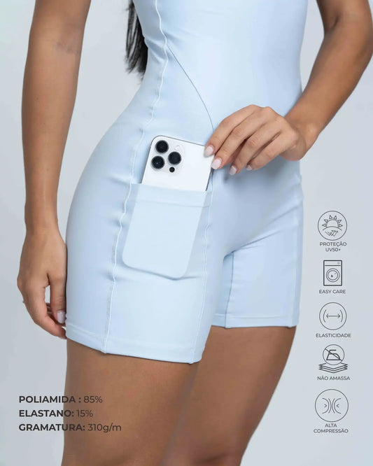 Macaquinho fitness Flow Azul Ice compressão com bolso